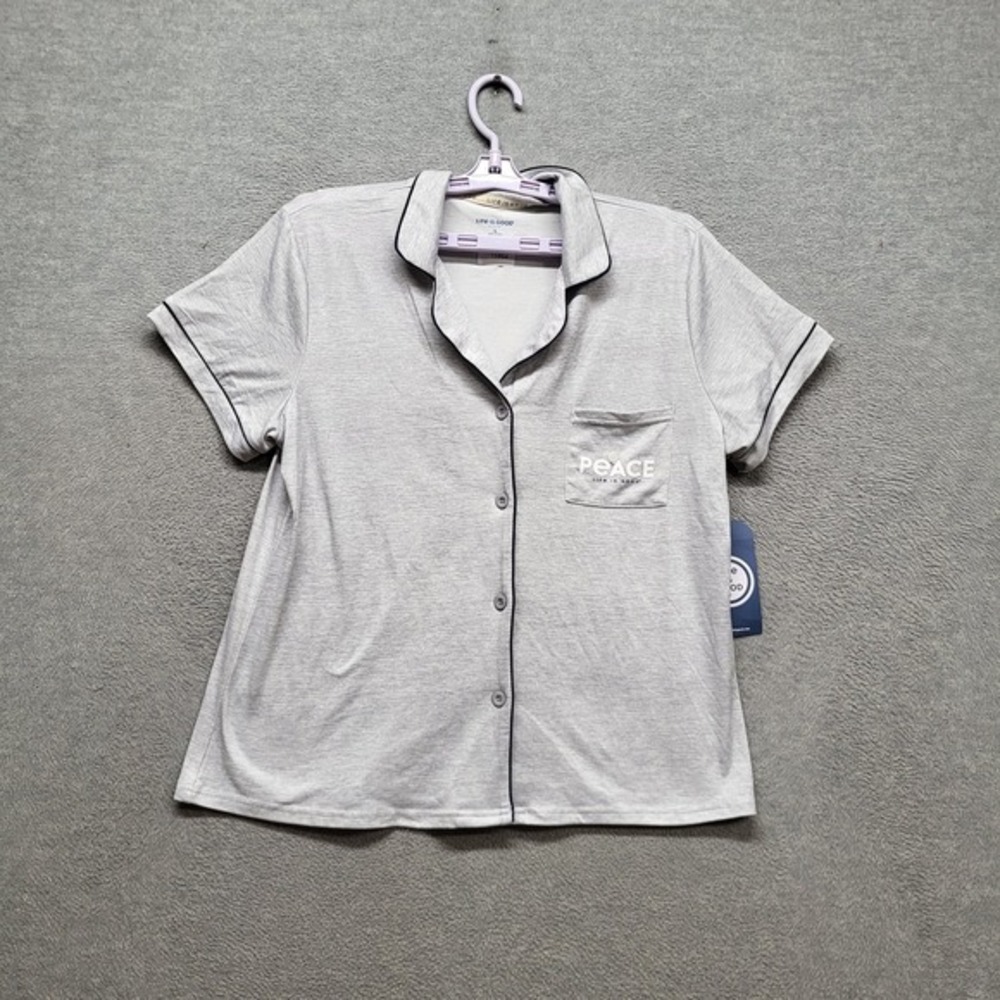 Life Is Good Women Sleepwear L Light Gray Sleep Shirt Peace Text Pajama Top NWT